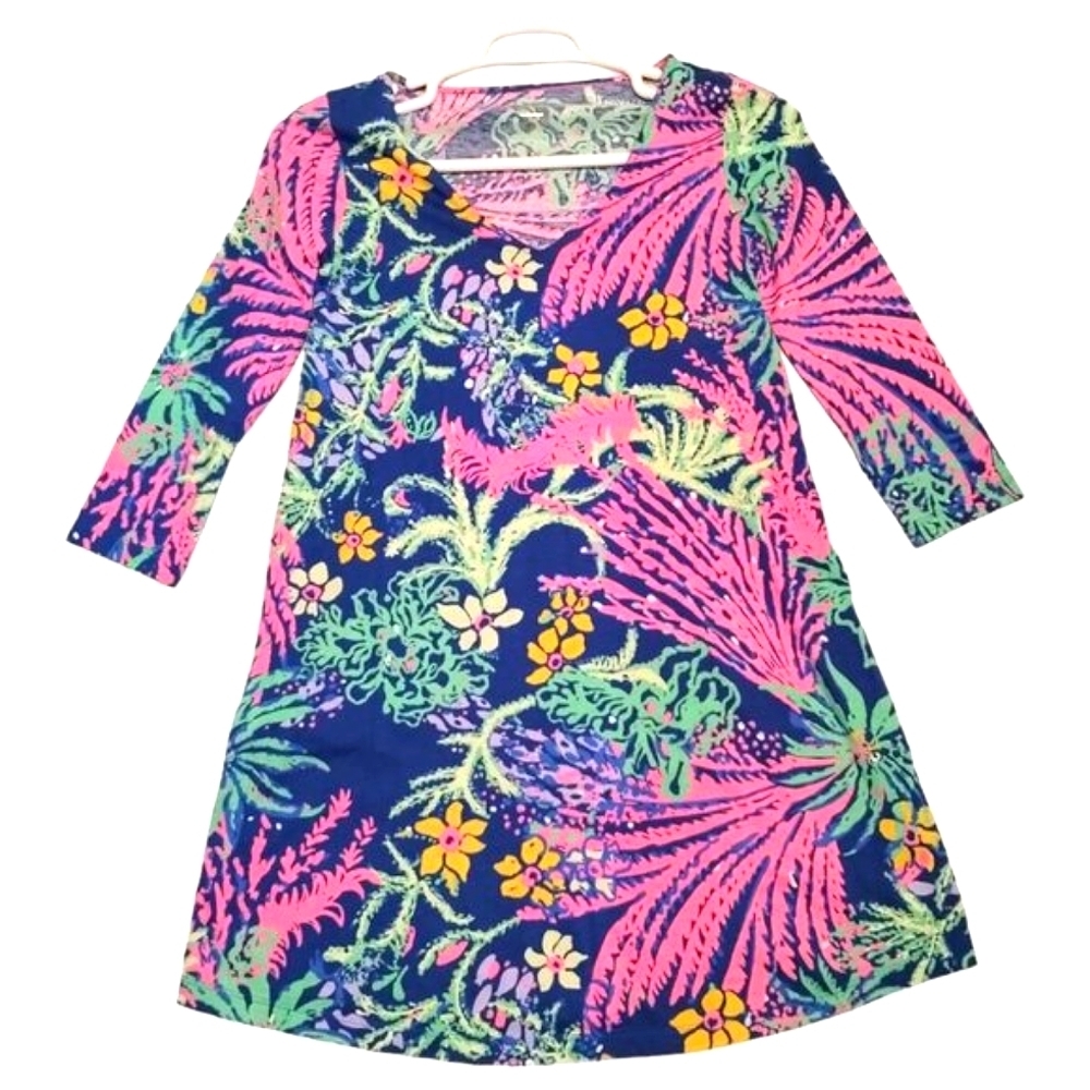Lilly Pulitzer Indigo All a Glow Erin Dress Sz S V-Neck 3/4 Sleeve Pullover